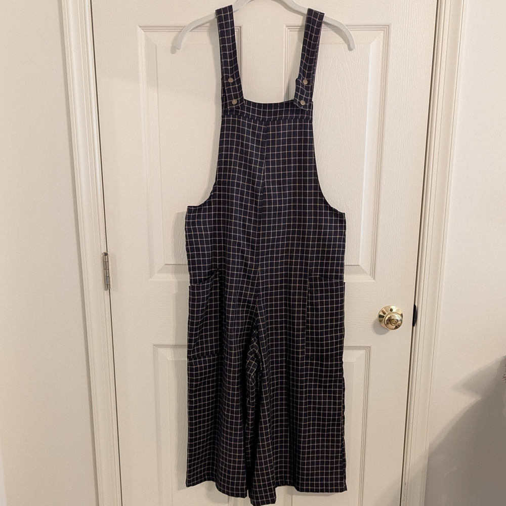Hayden Los Angeles Navy and Tan Plaid Wide Leg Cropped Overalls